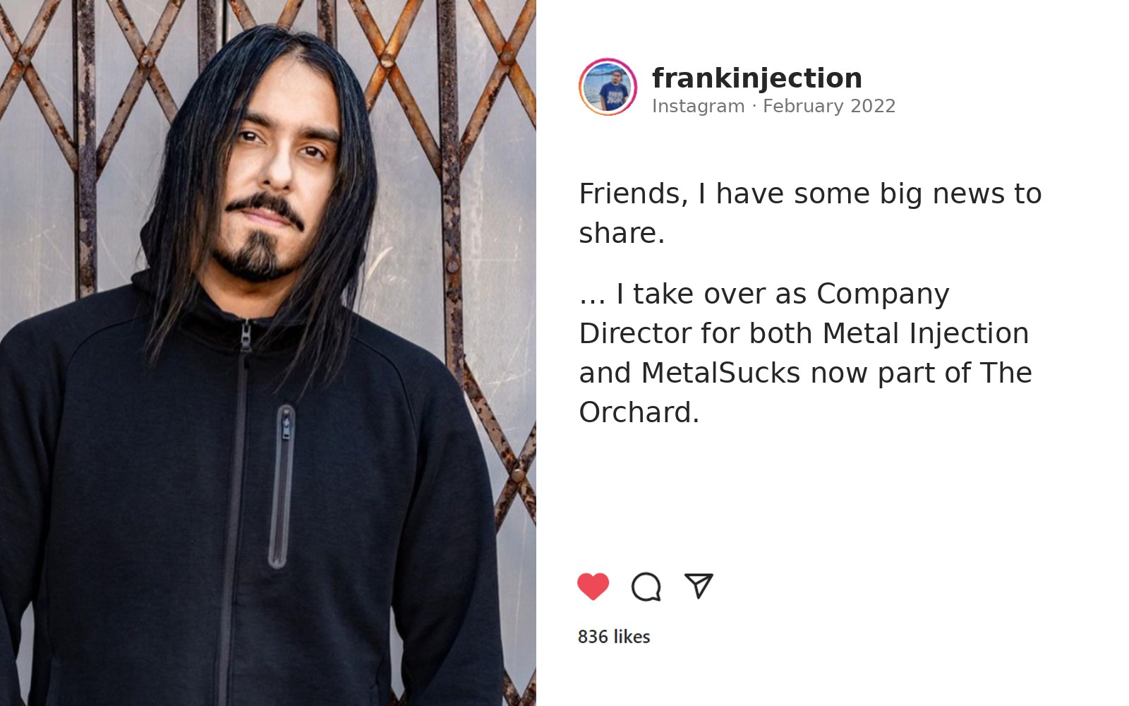 Frank Godla’s Instagram post announcing Metal Injection and MetalSucks joining The Orchard
